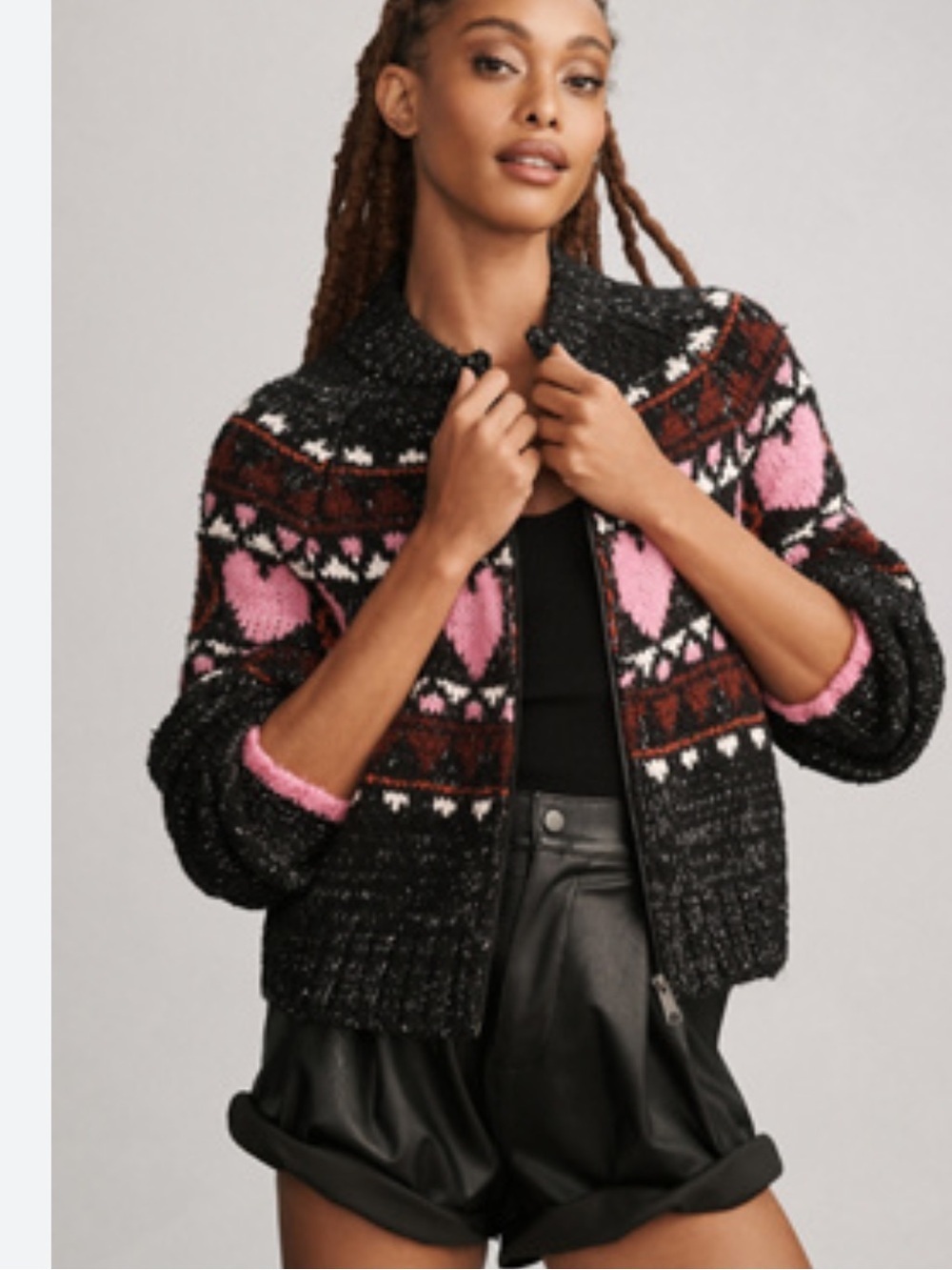 Pilcro Black Zip-Up Cardigan with Pink Heart Detail